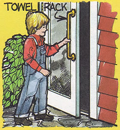 A towel bar bolted to a door can serve as a door handle both children and adults can use.